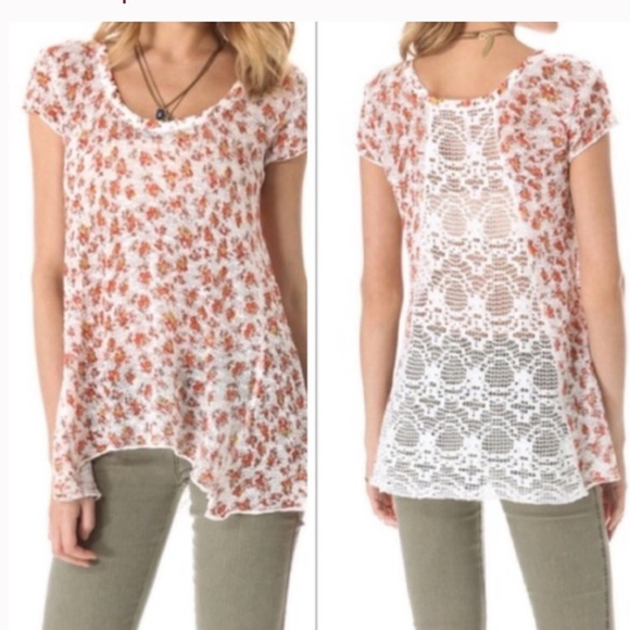 Free People Tops - FREE People short sleeve knit top crochet sheer back top tunic size xs